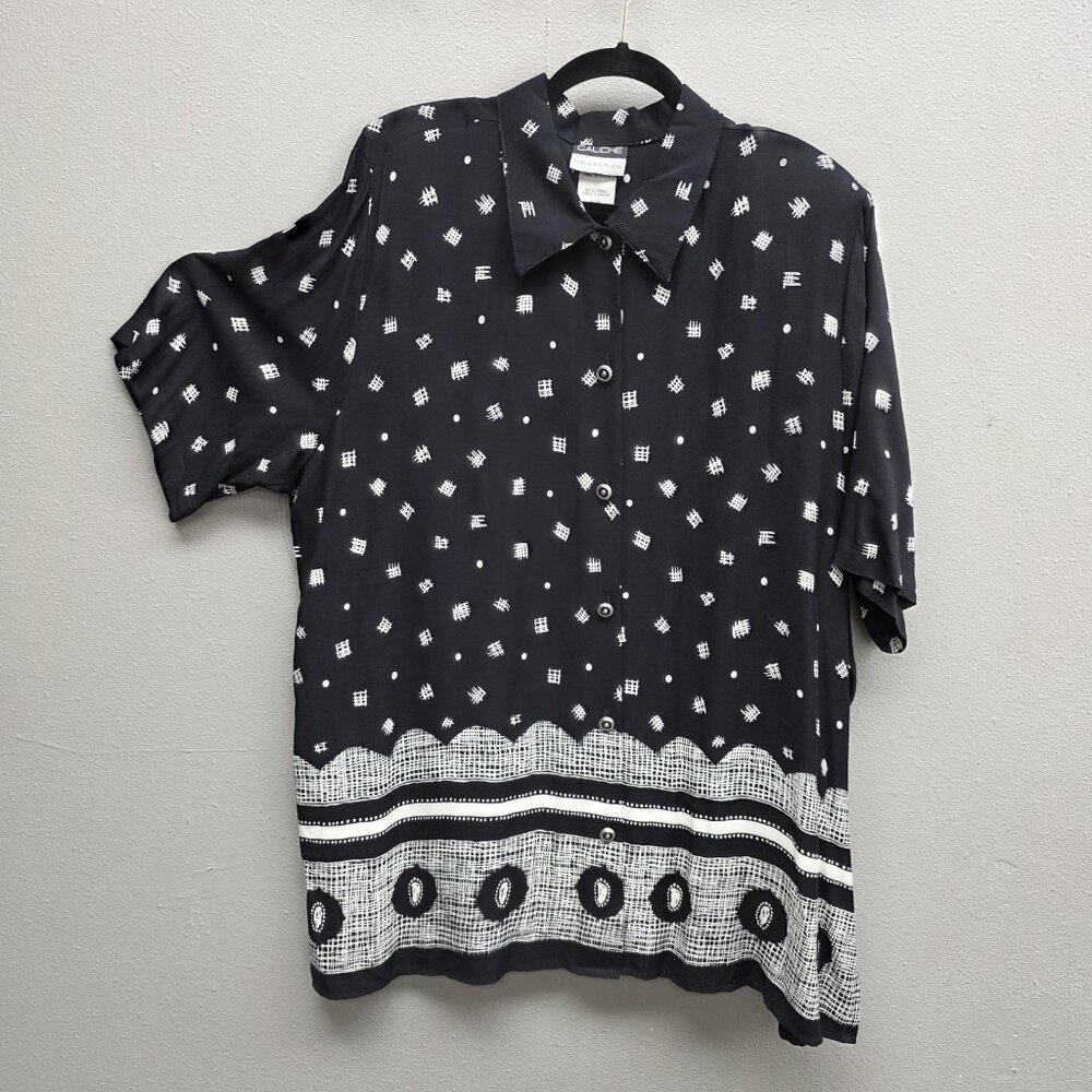 Vintage Caliche Collection Shirt Womens 18W Black White Rayon Button Up 90s USA